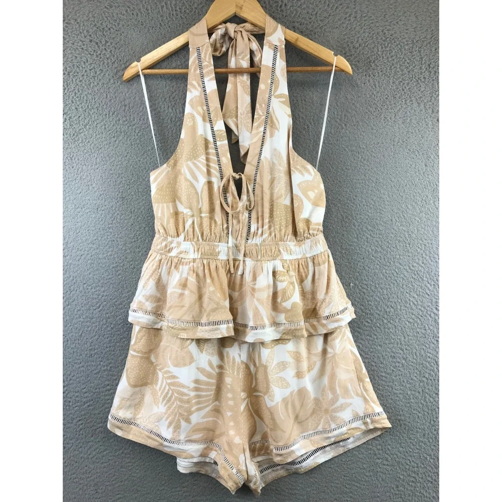 New PRIMP Sugarlips Tropical Leaf Print Halter Romper Tiered Ruffle Tie Waist M